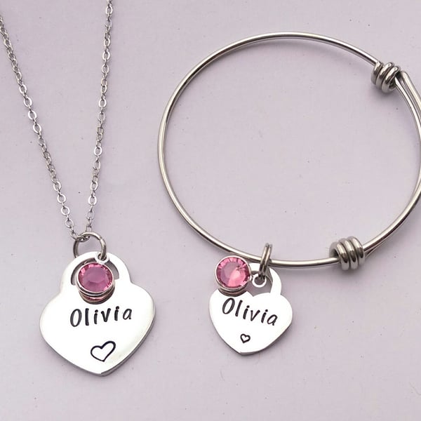 Personalised childrens heart bracelet and necklace set