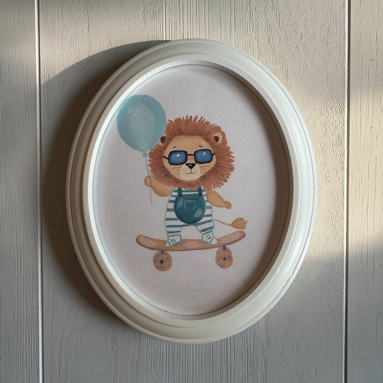Hand Painted Lion Wall Art, Framed Oval Acrylic Safari Lion Nursery Decor