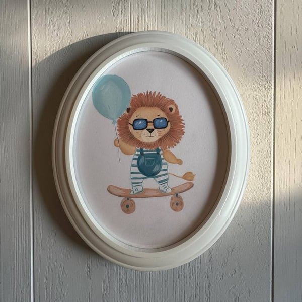Hand Painted Lion Wall Art, Framed Oval Acrylic Safari Lion Nursery Decor