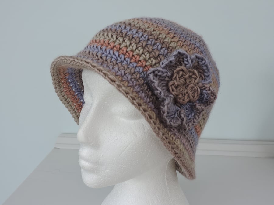 Crochet Hat Cloche Style Mushroom Taupe Lilac and Rust