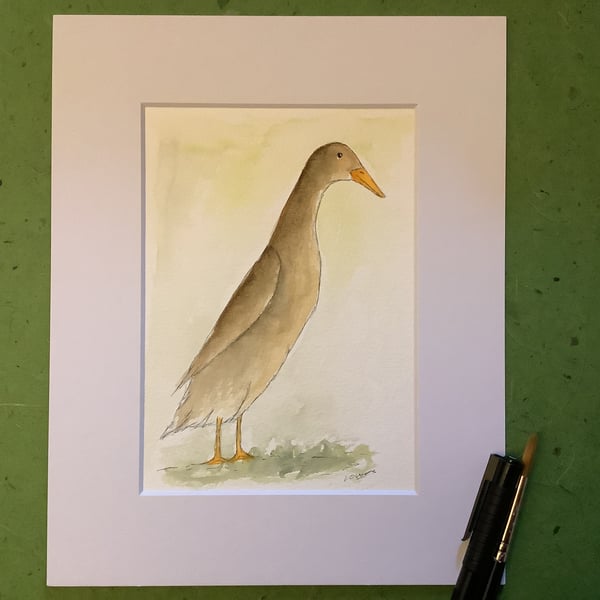 Brown runner duck - original pen, ink and watercolour 