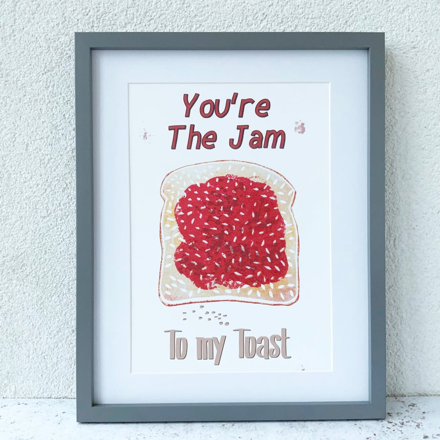 Jam toast food print, unframed print of a linocut print, kitchen wall art