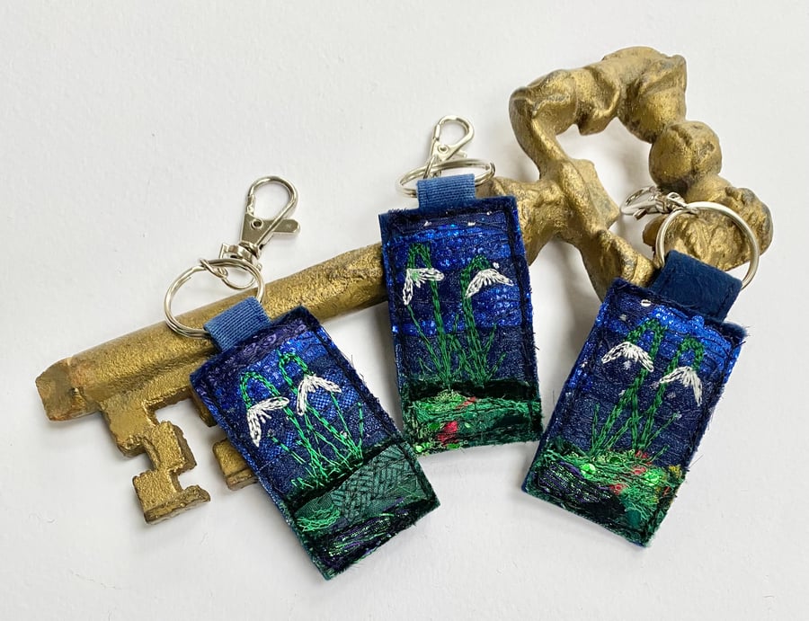 Snowdrop key ring or bag charm. Upcycled, embroidered. 