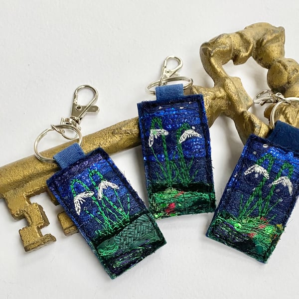 Snowdrop key ring or bag charm. Upcycled, embroidered. 
