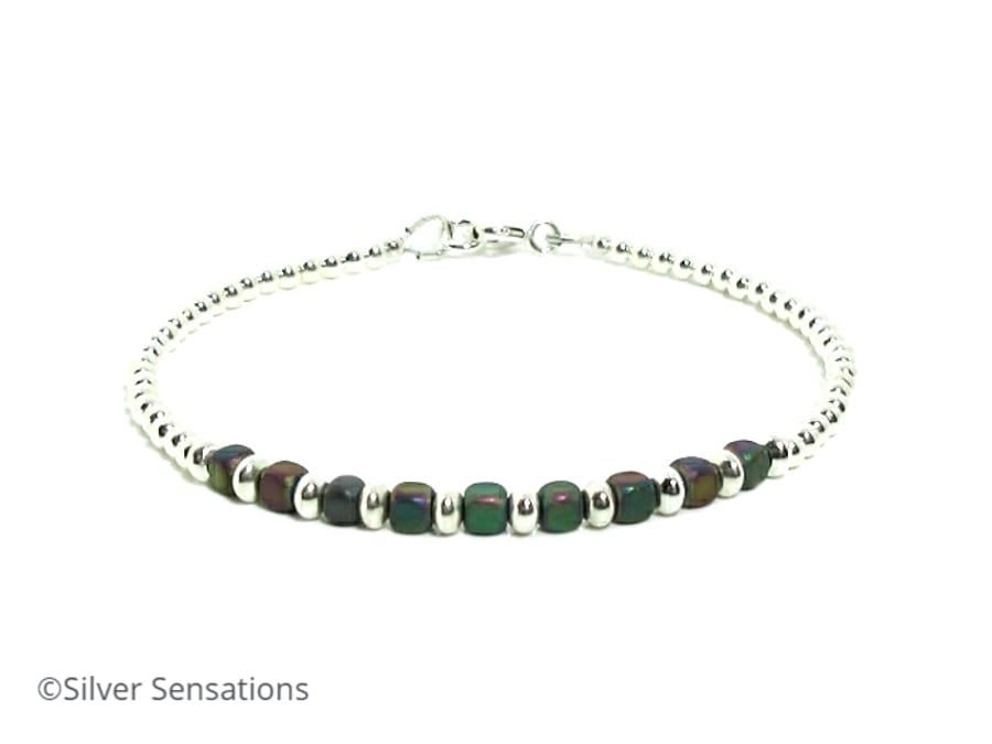 Dainty Rainbow Hematite Cubes Bracelet With Sterling Silver Beads