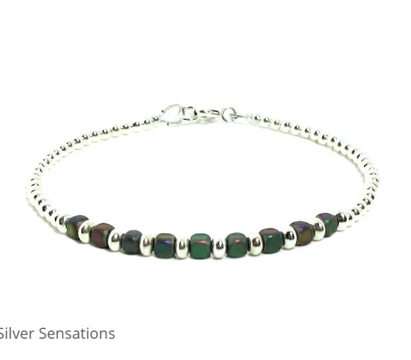 Dainty Rainbow Hematite Cubes Bracelet With Sterling Silver Beads