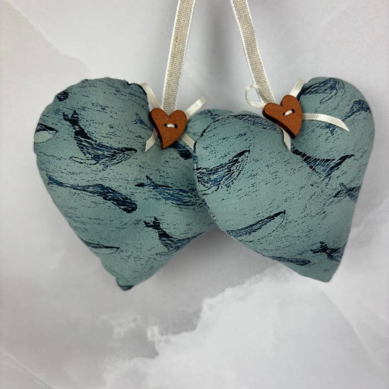Handmade whales hanging fabric hearts set of 2