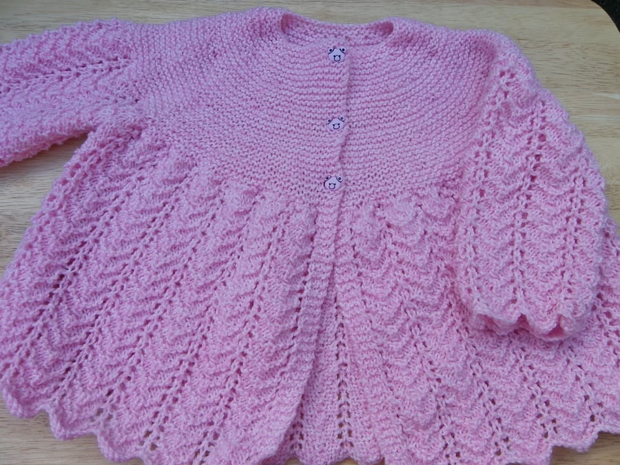 Hand knitted baby girl pink cardigan 6 - 12 months