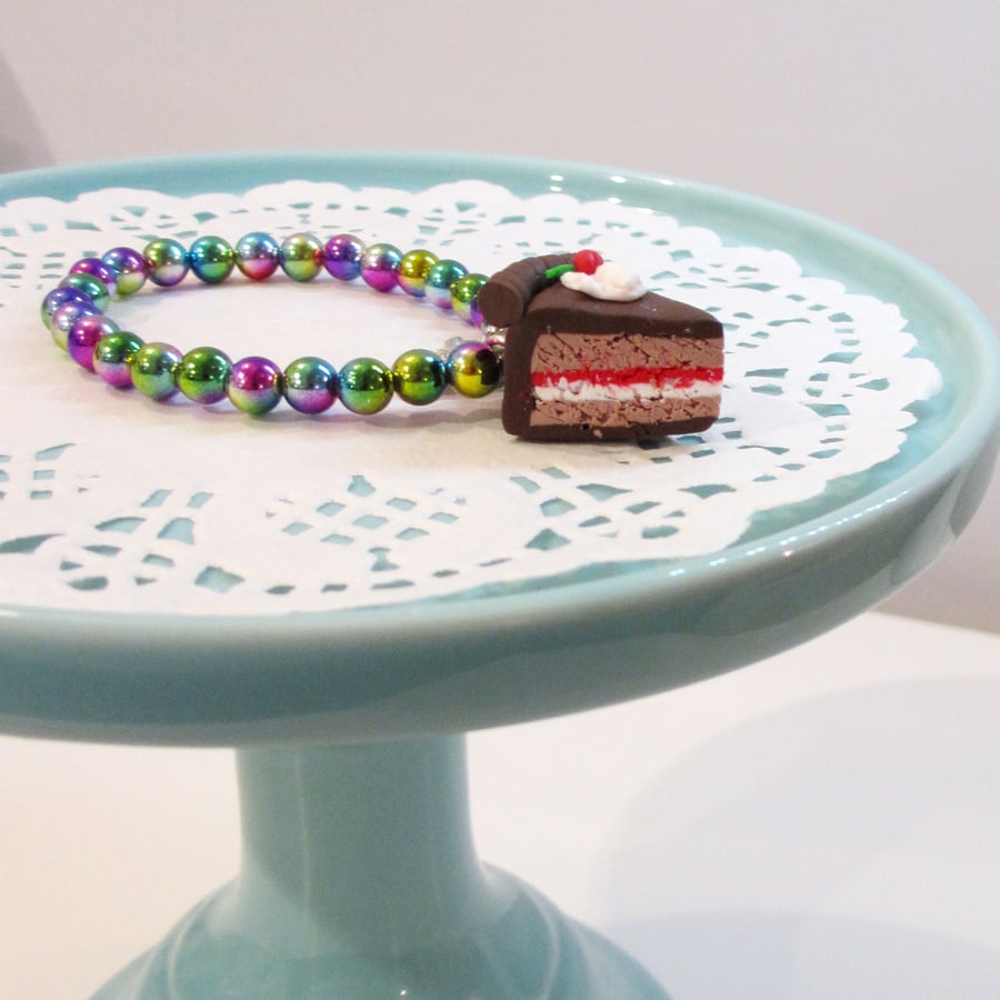 Retro Chocolate cake slice rainbow coloured bracelet quirky, unique, handmade