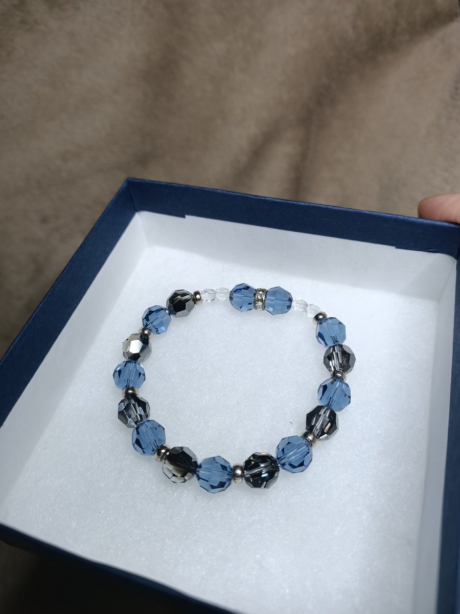 Denim blue and smoky grey handmade crystal bracelet.