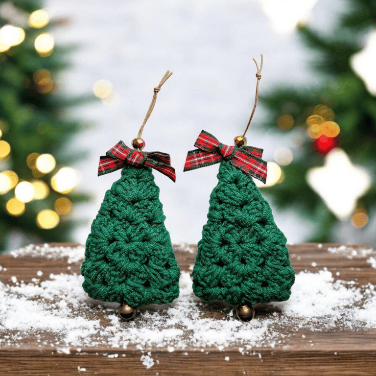 Handmade crochet tartan Christmas tree decorations, set of 3