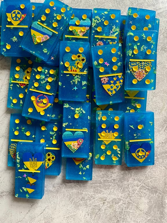 Handmade 28 piece dominoes set Ukraine theme with Handpainted inserts