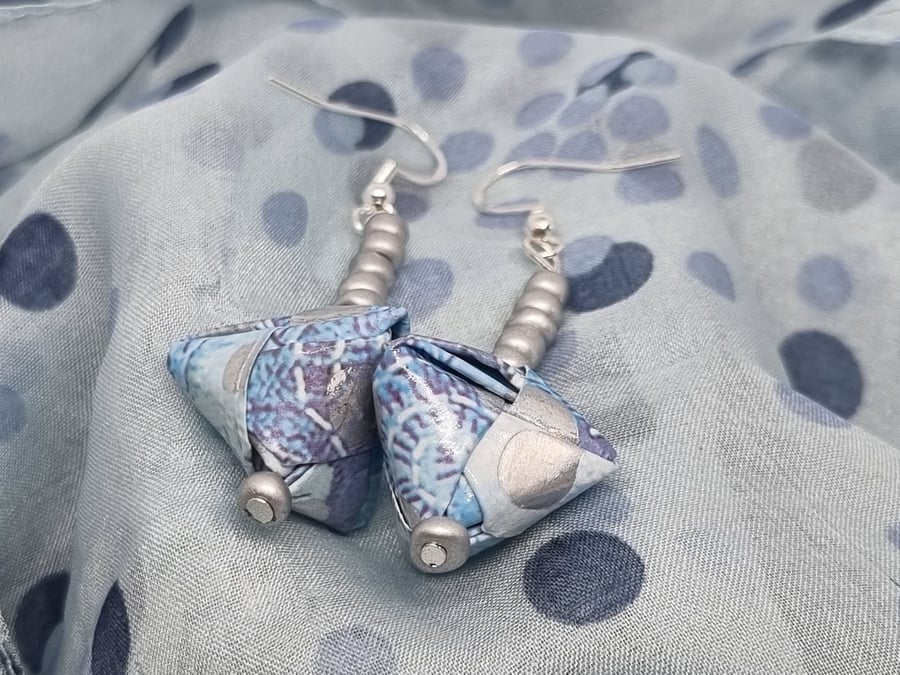 Origami earrings with small beads and blue and metallic paper