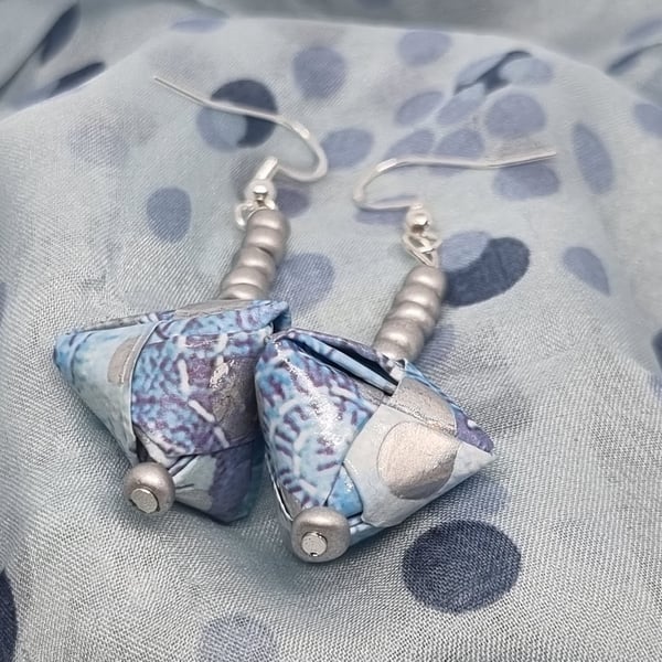 Origami earrings with small beads and blue and metallic paper