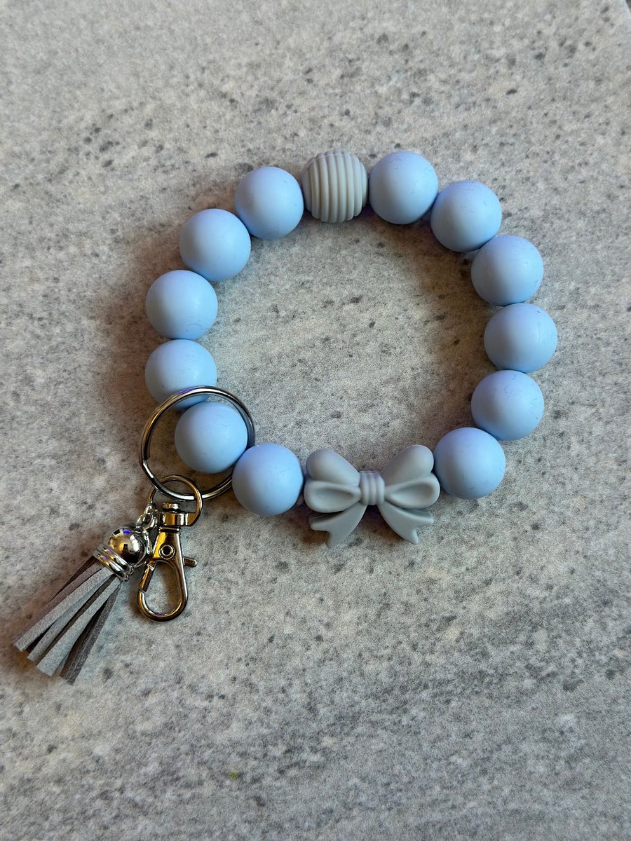 Baby blue and grey bow silicone beads keychain  - Folksy