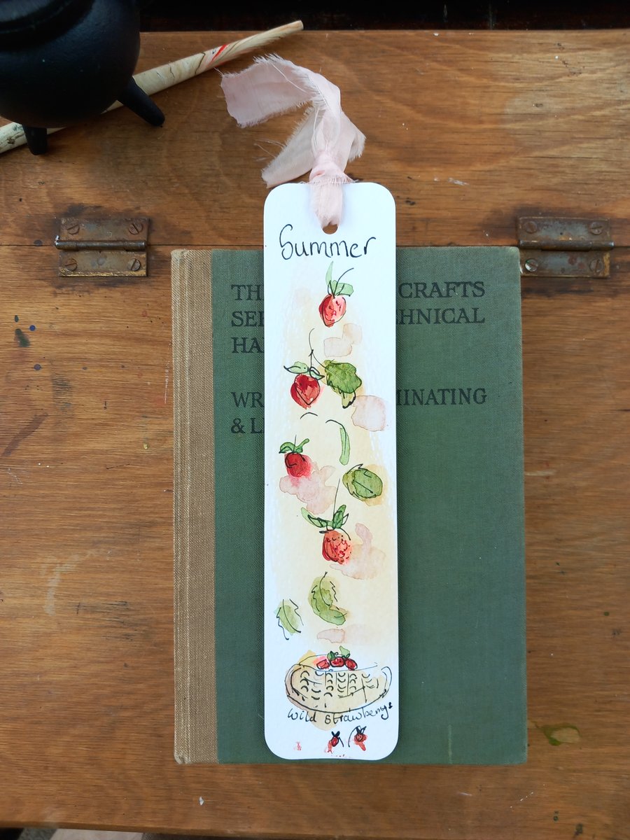  Summer bookmark.Hand drawn and painted bookmark with silk ribbon '