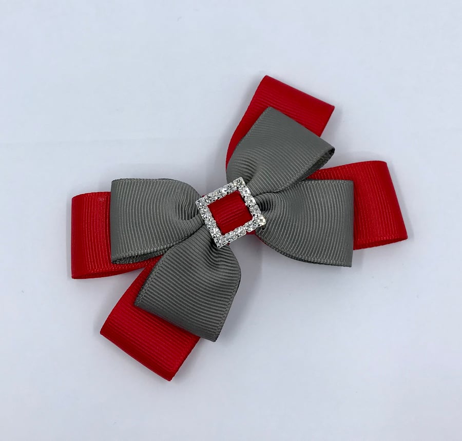 School Red and Grey Double Layer Bow on Clip