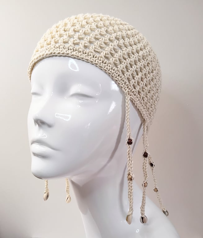 Braided Cream Mesh Crochet Skull Cap with Beads and Shells