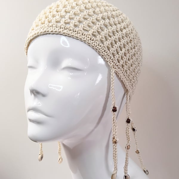 Braided Cream Mesh Crochet Skull Cap with Beads and Shells