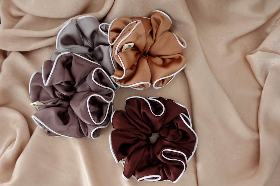 Satin Piping Edged XXL Scrunchies, Piping Trim Silky Statement Scrunchies