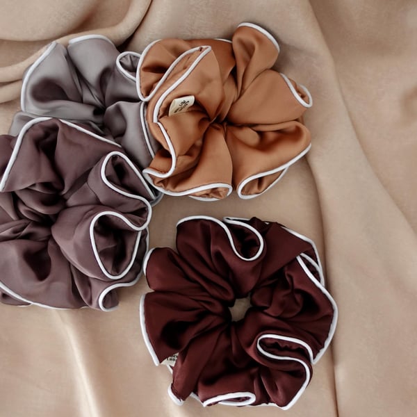 Satin Piping Edged XXL Scrunchies, Piping Trim Silky Statement Scrunchies