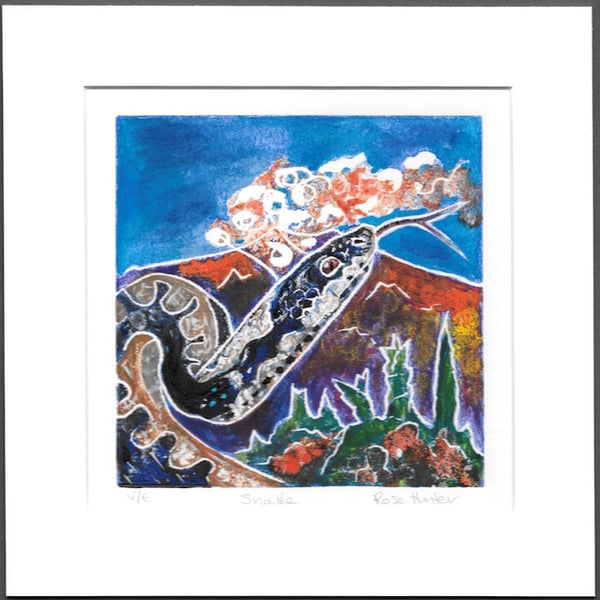 Snake - original hand painted lino print inspired by DH Lawrence poem 002