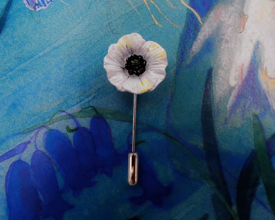 SMALL WHITE PEACE POPPY PIN Wedding Remembrance Lapel Flower Brooch HAND PAINTED