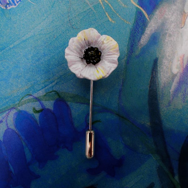 SMALL WHITE PEACE POPPY PIN Wedding Remembrance Lapel Flower Brooch HAND PAINTED
