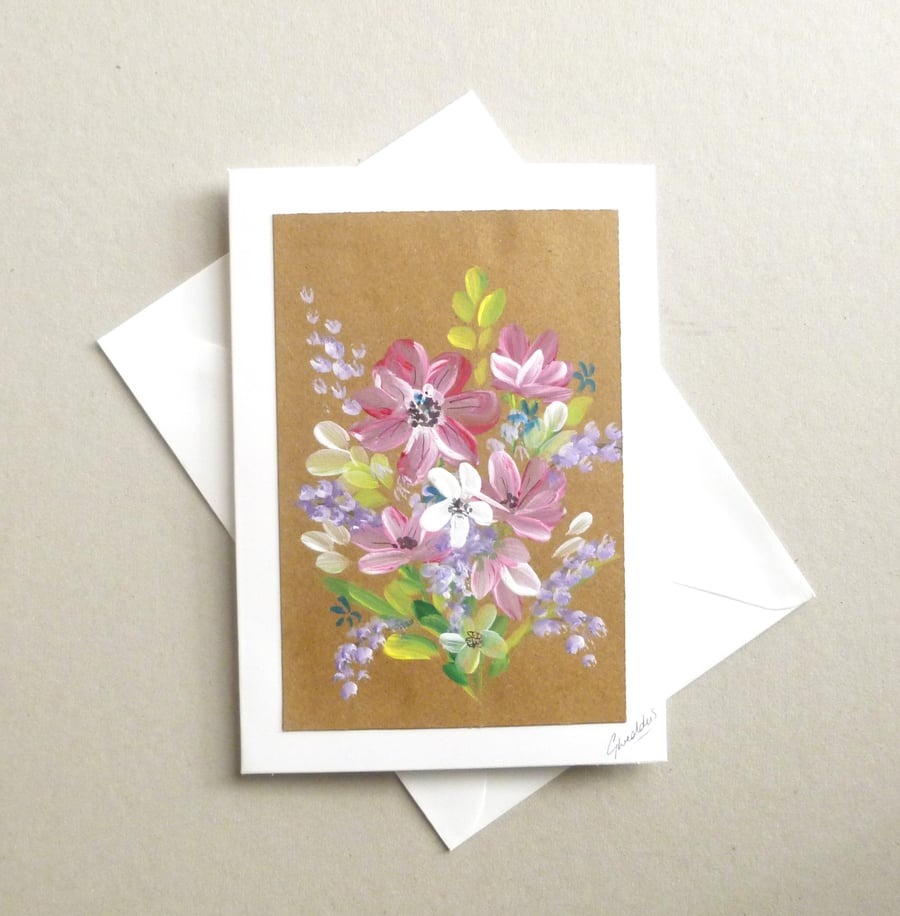 hand painted original art floral blank greetings card ( ref F 779 B1 )