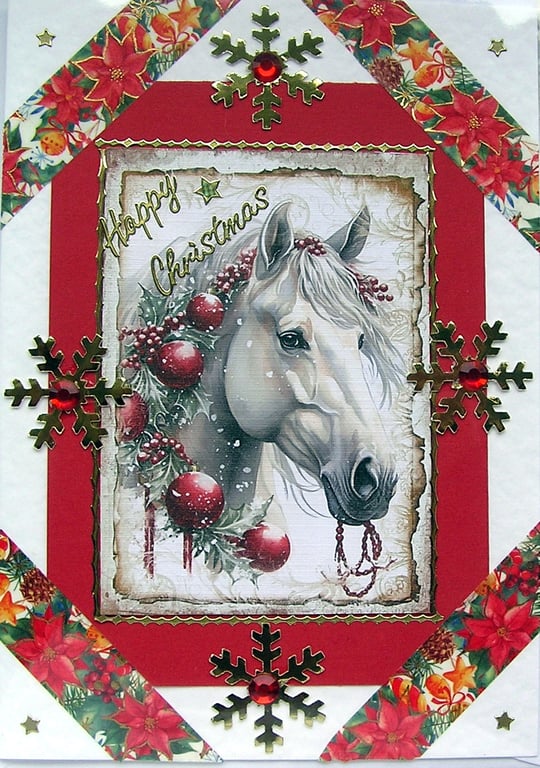 Hand Crafted Decoupage Chistmas Card - Happy Christmas (2735) - Pony Horse