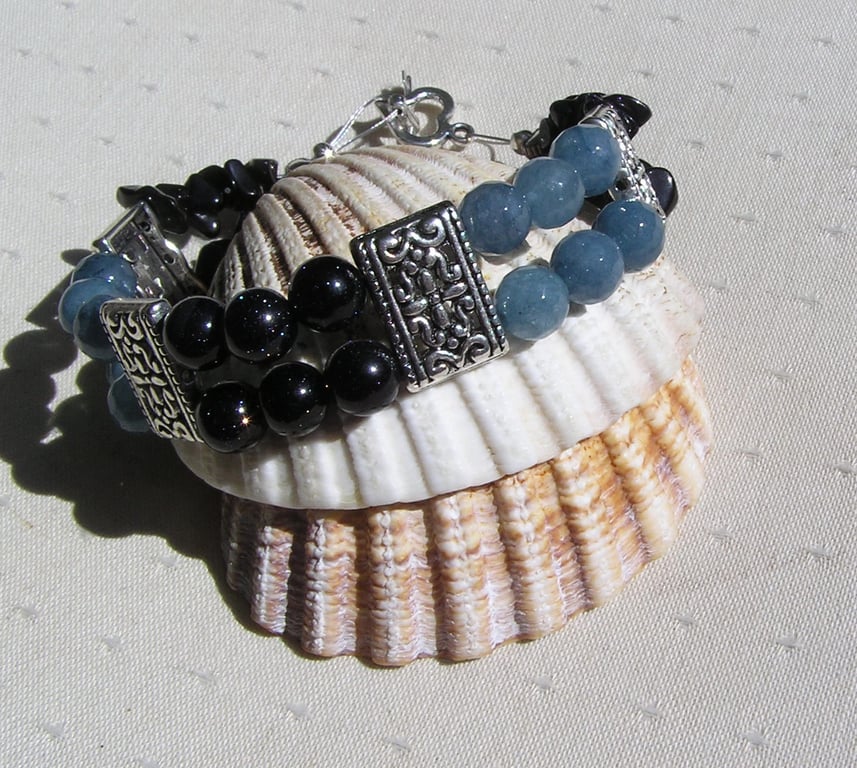 Blue Goldstone & Aquamarine Gemstone Beaded Bracelet 