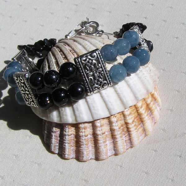 Blue Goldstone & Aquamarine Gemstone Beaded Bracelet 