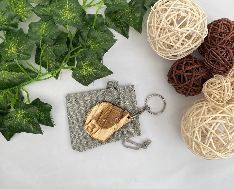 Personalised Helmet Keyring, Helmet Keychain, Wood Keyring with Gift Bag