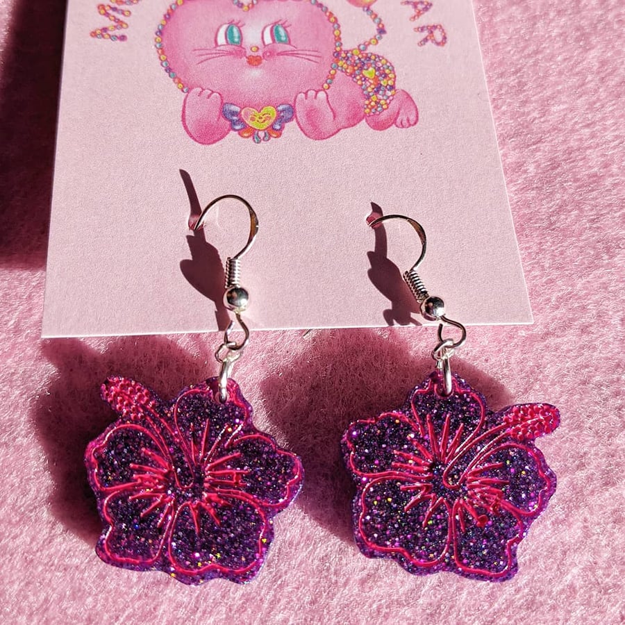  Glitter Hibiscus hook earrings Purple and pink