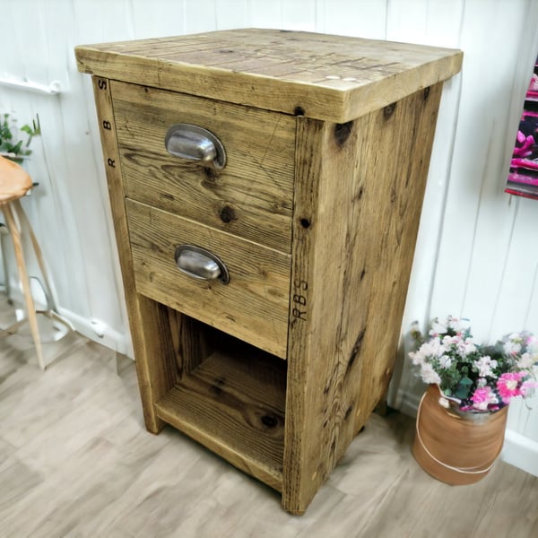 Bedroom Side Table With Shelf - Office Storage Unit - Using Reclaimed Wooden Sca