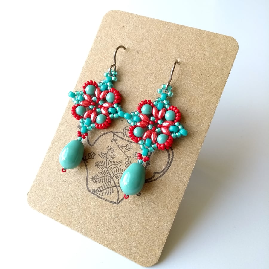 Jade Turquoise and Red Faux Pearl Earrings