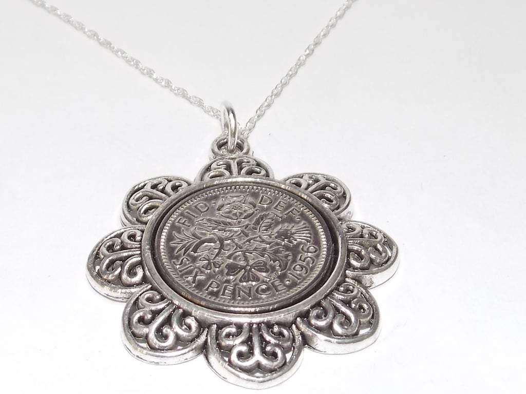 Floral Pendant 1956 Lucky sixpence 70th Birthday plus Sterling Silver 18in Chain