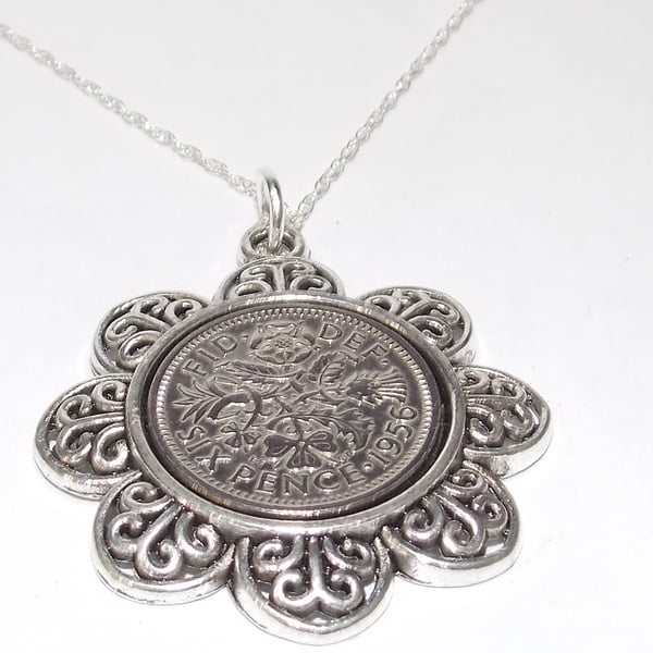 Floral Pendant 1956 Lucky sixpence 68th Birthday plus Sterling Silver 18in Chain