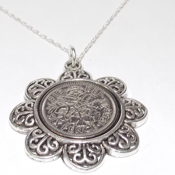 Floral Pendant 1956 Lucky sixpence 70th Birthday plus Sterling Silver 18in Chain