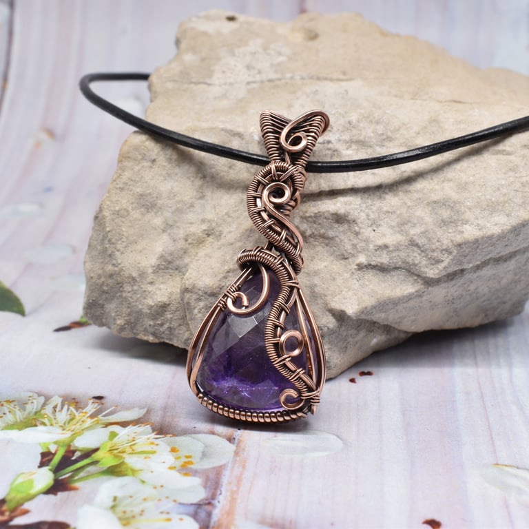 Faceted Amethyst and Copper Wire Wrapped Pendant