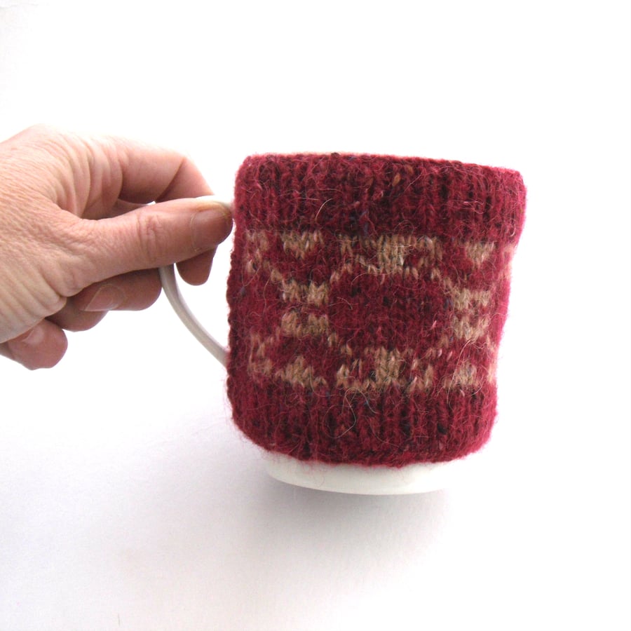 Red Fair isle mug cosy , hand knit , 10% of sales to charity