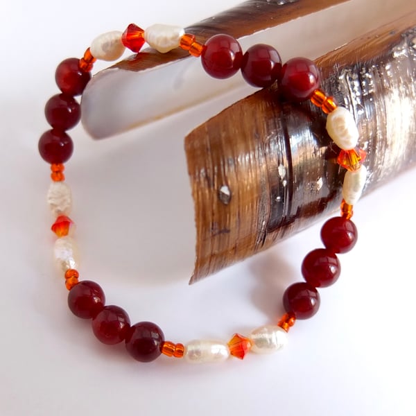 Freshwater Pearl, Red  Agate and Swarovski Crystal Bracelet - Seconds Sunday