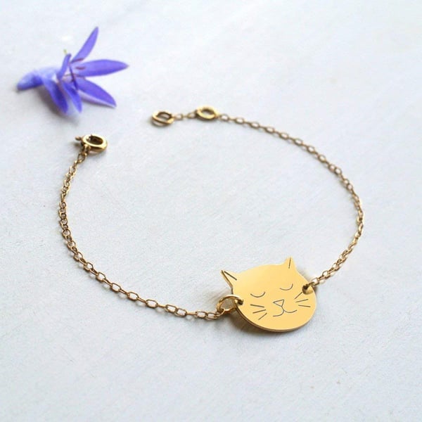 Personalised Gold Cat Face Bracelet, cat bracelet, gift for cat lovers