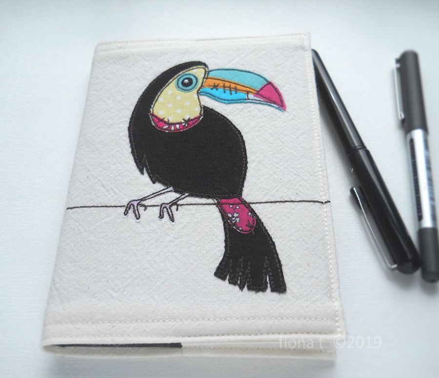 applique & free motion embroidered zombie toucan notebook