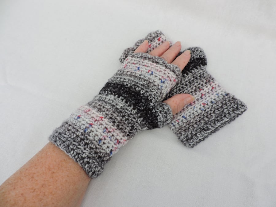 Fingerless Mitts  Grey White Black Red Blue