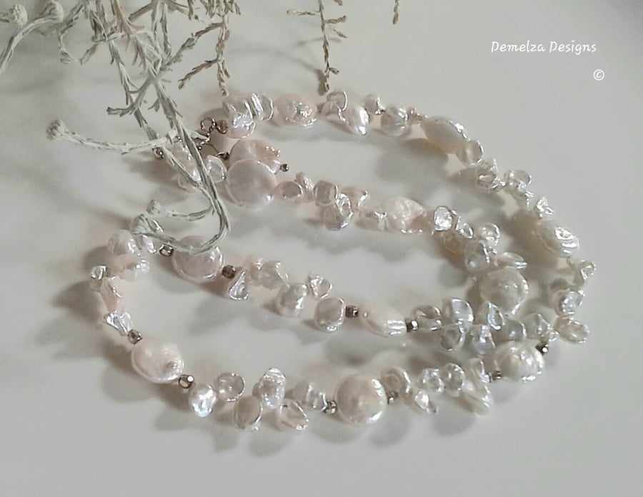 Quality Ivory White Kiwi & Keshi Pearl Sterling Silver Necklace
