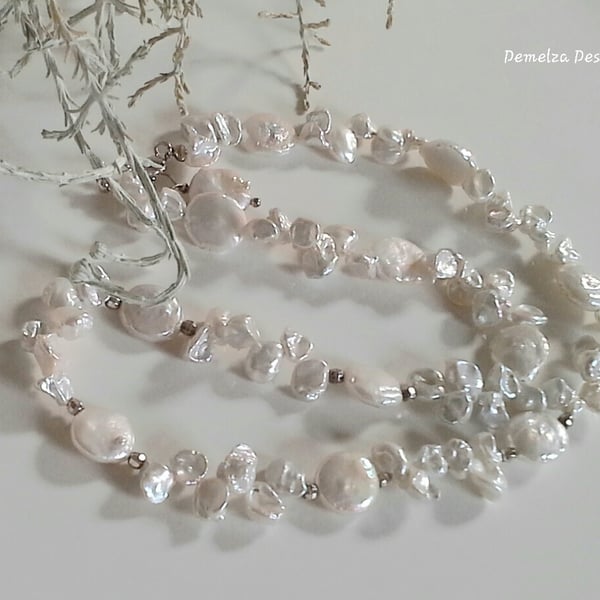 Quality Ivory White Kiwi & Keshi Pearl Sterling Silver Necklace