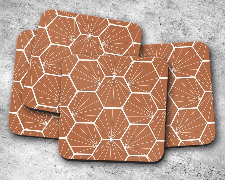 Set of 4 Coasters in Hazel with White Hexagon Geometric Design