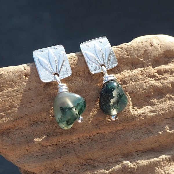 Earrings, Green moss agate, silver stud, dangle drop earrings