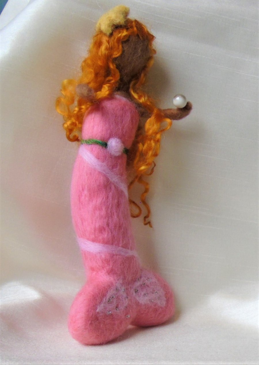 Mermaid holding a pearl,  needle felt doll, wool doll, pink mermaid 